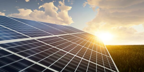 panoramic - solar panel at sunset